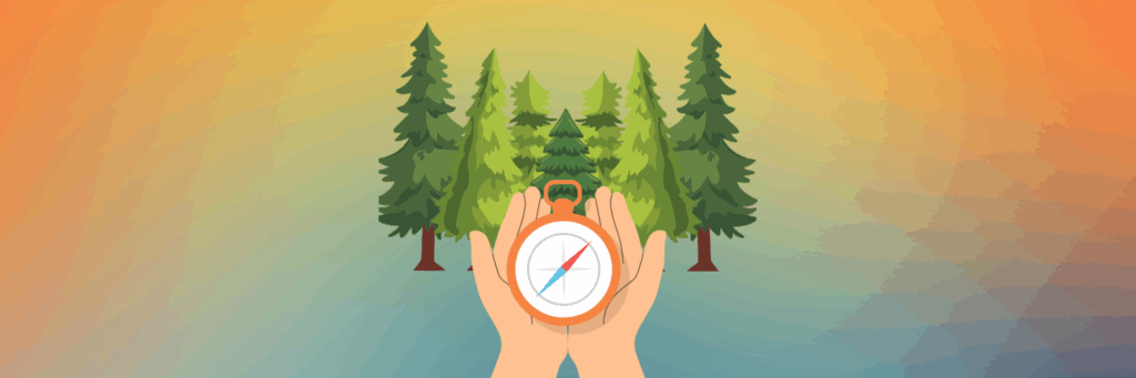 A graphic of two hands holding a compass; evergreen trees are in the background