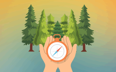 A graphic of two hands holding a compass; evergreen trees are in the background
