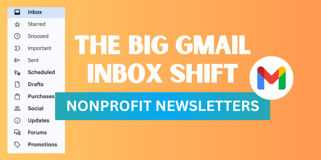 Golden background with a screenshot of different folders on GMAIL (Inbox, Promotion, Etc.) and a GMAIL symbol. Text reads "The Big Gmail Inbox Shift - Nonprofit Newsletters"