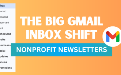 The Big Gmail Inbox Shift Golden background with a screenshot of different folders on GMAIL (Inbox, Promotion, Etc.) and a GMAIL symbol. Text reads "The Big Gmail Inbox Shift - Nonprofit Newsletters"