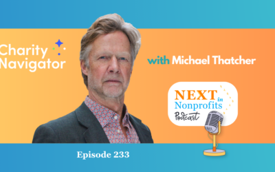 Headshot of a man next to Charity Navigator and Next in Nonprofits podcast branding, "Episode 233: Listen Now" and audio player controls.