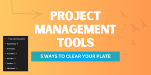 Orange cover reading 'Project Management Tools' with blue banner '5 Ways to Clear Your Plate' and project list sidebar.