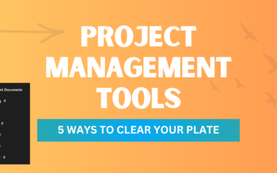 Orange cover reading 'Project Management Tools' with blue banner '5 Ways to Clear Your Plate' and project list sidebar.