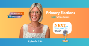 Smiling blonde woman beside "Primary Elections" title, Next in Nonprofits podcast logo, and "Episode 234" text.