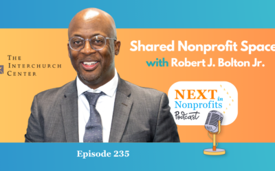 Smiling man in suit next to podcast graphic: "Sharing Nonprofit Spaces" on Next in Nonprofits, with a vintage microphone icon.