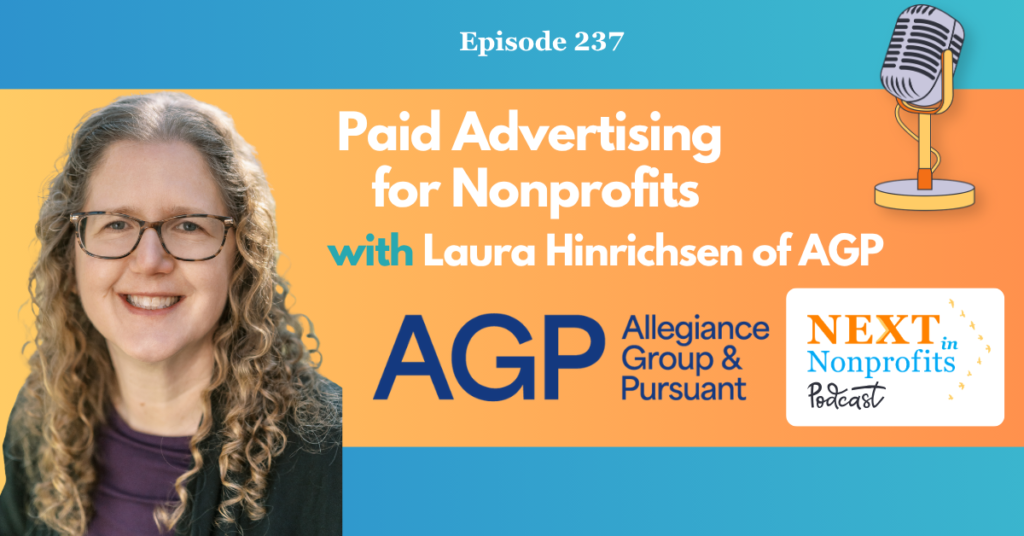 Smiling woman with glasses beside text "Paid Advertising for Nonprofits with Laura Hinrichsen" and Next in Nonprofits podcast logo.